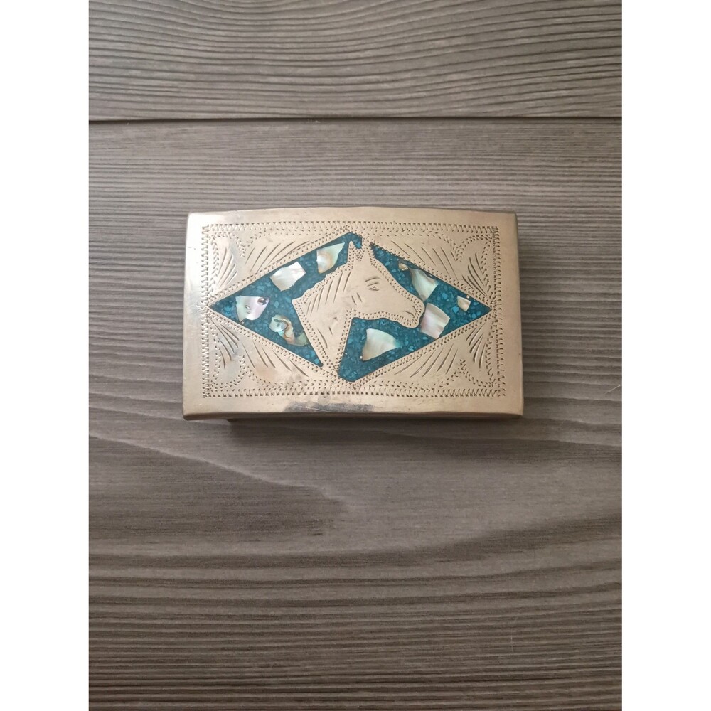 Vintage Alpaca Mexico Silver Belt Buckle Horse Turquoise Abalone Shell Inlay